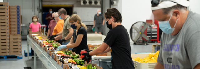 Volunteers prepare boxes of vegetables and fruits to distribute to people experiencing hunger in Canada. (Photo: Food Banks Canada)